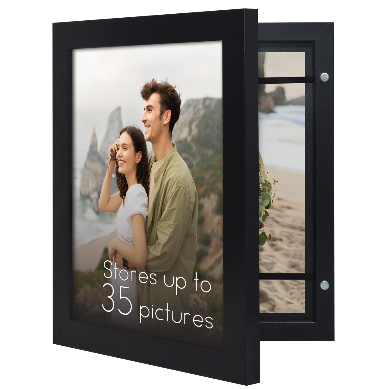 Americanflat Quick-Change Photo Storage Display Frame - Store up to 35 Pictures at Once with Elastic Strap Storage - Shatter Resistant Glass - Hanging Hardware - Includes Easel - Black